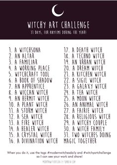 the witch art challenge poster with words and numbers in black and white on a purple background