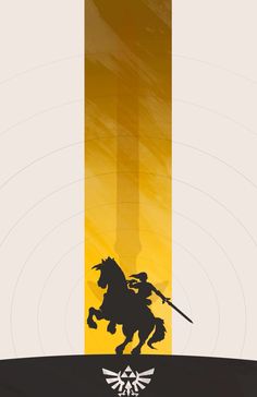 the legend of zelda poster is shown in yellow and black, with a silhouette of a man on a horse