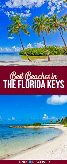 the best beaches in the florida keys with text overlaying it and palm trees