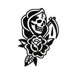 a black and white drawing of a skull holding a rose with an arrow in it