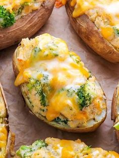 baked potatoes with broccoli and cheese on them are ready to be eaten in the oven