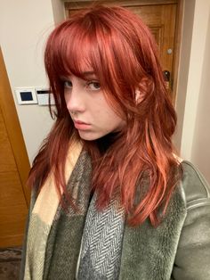 Ginger Red And Blonde Hair, Orange Red Hair Dye, Medium Length Orange Hair, Red Hair With Ginger Highlights, Rust Colored Hair, Medium Length Hair Layers And Bangs, Rust Hair Color, Ginger Shag, Red Hair And Bangs