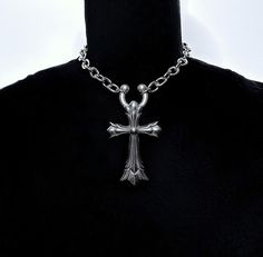 STAINLESS STEEL GOTHIC CROSS WITH A HORSESHOE BARBELL PIERCING FRONT CLOSURE * Stainless Steel Chain & Charm * Includes a 3" extension for adjustability * Handmade in Los Angeles French Christian Gothic Jewelry, Cross Piercing, Cross Accessories, Barbell Piercing, Gothic Cross, Gothic Crosses, Y2k Jewelry, Gothic Necklace, The Throne