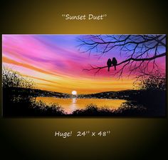 a painting of two birds sitting on a tree branch with the sunset in the background