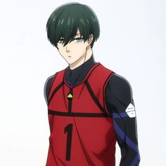 an anime character with black hair wearing a red shirt and blue pants, standing in front of a white background