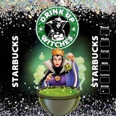 a drink label for starbucks featuring a woman in a witches costume with a pot of caulder