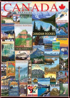 the canadian rockies poster is shown in red and blue, with many different pictures on it