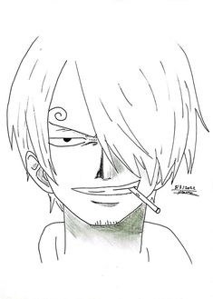 a drawing of an anime character with a pencil in his mouth and one eye open