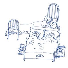 a drawing of a bed with two cats on it and a chair in the background