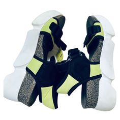 Fly London Women's 6.5 -7 Lemon /Black Round Toe Wedge High Sandal New Summer High Heel Platform Wedge Sneakers, Summer Leather Wedge Sneakers With Round Toe, Summer Platform Wedge Sneakers, Modern Wedge Heel Platform Sneakers, Black Synthetic Wedge Sneakers With Chunky Platform, Black Wedge Sandals With Contrasting Heel Counter, Black Synthetic Wedge Sneakers For Spring, Summer Leather Platform Wedge Sneakers, Black Open Toe Wedge Sandals With Contrasting Heel