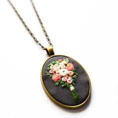 PRE-ORDER: Estelle's Hand Embroidered Bouquet Necklace | Embroidered Necklace Jewelry | Bridal Party Floral Embroidered Flower Jewelry For Weddings, Hand Embroidered Pendant, Hand Embroidered Jewelry, Embroidered Necklace, Gold Pendant Jewelry, Embroidered Wedding, Plant Lover Gift, Pink Jewelry, Embroidery Jewelry