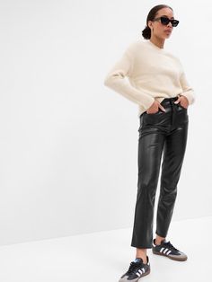 High Rise Vintage Slim Vegan-Leather Pants | Gap Factory Casual Leather Pants With Five Pockets For Fall, Casual Straight Leg Leather Pants For Fall, Casual High Rise Leather Pants For Fall, Casual Leather Pants With Five Pockets, High Rise Leather Jeans For Fall, Casual Mid-rise Leather Pants For Fall, Fall Casual Tapered Leg Leather Pants, Fall Casual Mid-rise Leather Pants, Fall Mid-rise Leather Jeans