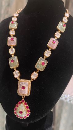 Beautiful high end choker can be paired with your favorite outfit. The blend of ruby and green make it perfect to go with any colour outfit Necklace : chain  Earrings - Have Push backs Luxury Antique Kundan Necklace For Ceremonial Occasions, Colour Outfit, Wedding Jewellery Necklace, Colourful Outfits, Stone Carving, Chain Earrings, Designer Wear, Necklace Chain, Wedding Necklace