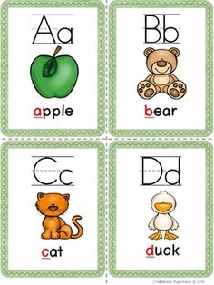 four cards with the letter d and an apple, bear, and cat on them