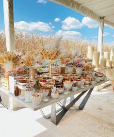 a table full of food under a white awning with blue sky in the background