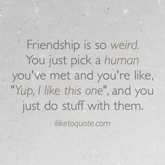 a quote written on the side of a white wall with words that read, friends is so weird you just pick a human you've met and you're like one