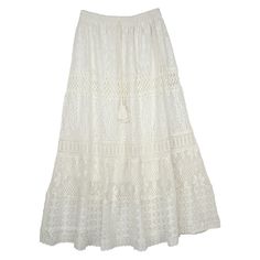 Dove White Intricate Floral Lace Skirt with Tassel Drawstrings White Fairy Skirt, Flowy Lace Maxi Skirt For Beach, Summer Lace Long Maxi Skirt, Flowy Lace Skirt For Vacation, Lace Maxi Skirt For The Beach, Lace Skirt For Vacation, Lace Maxi Skirt For Vacation, Long Lace Beach Skirt, Lace Tiered Skirt For Vacation