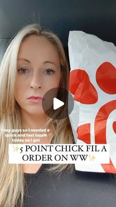 a woman sitting in the back seat of a car holding onto a paper bag that says point chick fila order on ww