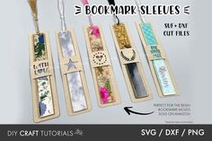 four bookmark sleees with different designs on them and the text, diy craft tutors svg dxf / png