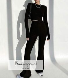 Women Black High Neck Ribbed Long Sleeve Crop top and Stretch Waist Ribbed Flare Trousers Co-ord Two Turtleneck And Trousers Outfit, Flared Trousers Outfit, Full Sleeve Crop Top, Black Flare Pants, Ribbed Flares, Trouser Outfit, Autumn Clothing, Trouser Co Ord, Grey Trousers