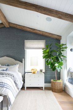 a bed room with a neatly made bed and a potted plant