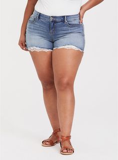 Lace Skinny Short Short - Medium Wash, TRUE BLUE Best Plus Size Jeans, Plus Size Ripped Jeans, Legs Outfit, Women's Plus Size Jeans, Plus Zise, Dress With Jean Jacket, Belted Shorts, Jeans For Short Women, Women Denim Jeans