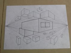 a pencil drawing of a room with cubes on the floor