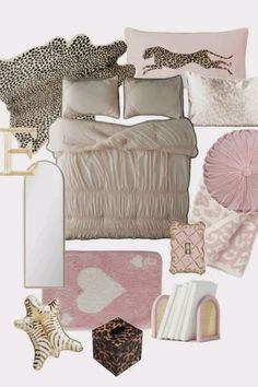 a collage of pink and white bedding with animal prints on the covers, pillows, rugs