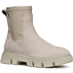 Rugged, Winter-Ready Comfort Abounds In A Lug-Sole Chelsea Boot Crafted From Supple Suede And Grounded On The Brand's Waterproof, Breathable Tech Sole. Size: Eu 40 / Us 9.5 - 10 Color: Sand Approx. 1 3/4" Heel; 1 1/2" Platform 6" Shaft Patented Tech Sole With A Durable, Waterproof Membrane And Breathable Perforations Keeps Feet Dry And Ventilated Removable, Cushioned Insole With Arch Support Lightweight Leather And Synthetic Upper/Textile And Synthetic Lining/Synthetic And Rubber Sole Made In In Beige Synthetic Boots With Lug Sole, Geox Shoes, Lug Sole Boots, Color Sand, Chelsea Boot, Lug Sole, Arch Support, Chelsea Boots, Bootie Boots