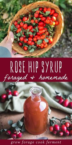 rose hip syrup in a basket next to a bowl of strawberries and berries with text overlay