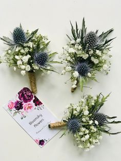 three bouquets of flowers are sitting next to each other