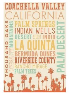 an orange and white poster with palm trees in different languages on the front of it