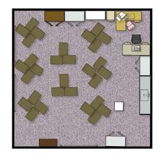 an overhead view of a room with couches and tables