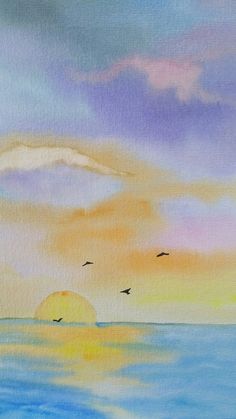 a painting of birds flying over the ocean at sunset