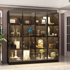 a display case filled with lots of different types of items in it's glass doors