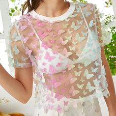 White Mesh Top With Butterfly Appliqus Multicolored Butterflies Such A Cute Top Size Medium New Never Worn White Mesh Top, Butterfly Applique, Sheer Mesh Top, Without Bra, Floral Print Crop Top, Butterfly Top, Mesh Shirt, 3d Butterfly, Stylish Dresses For Girls