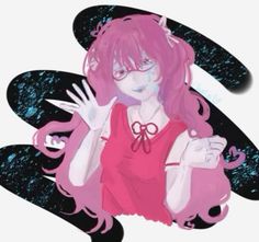 a drawing of a girl with pink hair holding her hands up in front of her face