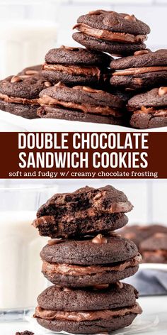 double chocolate sandwich cookies stacked on top of each other with the words double chocolate sandwich cookies