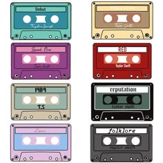 four different colored cassettes with the same label on them, all labeled in different colors