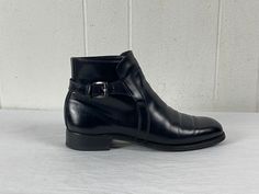 Vintage 1960s black leather Beatle boots, ankle boots. Mod styling. Has outer side buckles. Made by ARISTOCRAFT. Size 8 1/2. The soles measure 11.5" long from against the wall about 10 7/8" inside 4" wide across bottom 6 1/4" tall In very good condition. Black Leather Boots Ankle, 1960s Boots, Mod Boots, Beatle Boots, Boots Vintage, Buckle Boots, Vintage Boots, Boots Ankle, Black Leather Boots