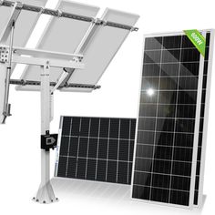 the solar powered street light is shown with its lights on and next to it's stand