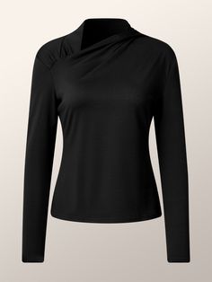 Solid Top With Asymmetrical Hem, Solid Color Fall Tops With Asymmetrical Hem, Fall Tops With Asymmetrical Hem, Asymmetrical Solid Stretch Top, Casual Asymmetrical Top, Casual Asymmetrical Solid Tops, Casual Asymmetrical Solid Color Top, Casual Tops With Asymmetrical Neckline, Casual Black Top With Asymmetrical Neckline