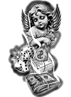 an angel with money and dices on it's back, in black and white