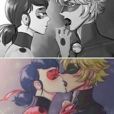 two anime characters one is kissing the other has her face painted black and white with red