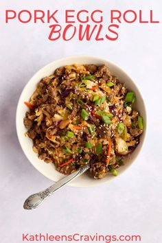 a white bowl filled with fried egg roll bowls