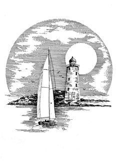 an ink drawing of a lighthouse and sailboat in front of the moon with a full moon behind it