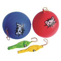 two balls with handles are shown in three different colors, one blue and one red