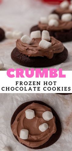 chocolate cookies with marshmallows on top and the words crumbl frozen hot chocolate cookies