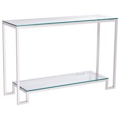 a glass and metal console table with shelves on the bottom, against a white background