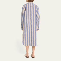 The Salting caftan coverup in a multi-striped design Collared split neckline Dropped shoulders Long sleeves; button cuffs Midi length  Shirttail hem  Slipover style  Linen Made in USA Gauze Tunic, Caftan Tunic, Caftan Dress, Striped Linen, Drop Shoulder, Stripes Design, Midi Length, Cover Up, White Dress